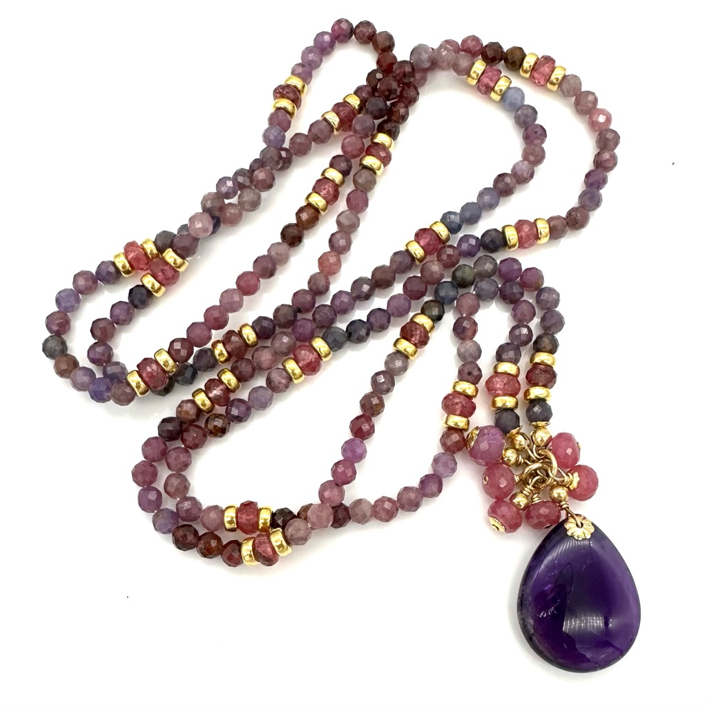 Handmade 14kgf Bead Necklace In Ruby And Pink Tourmaline With Amethyst Pendant